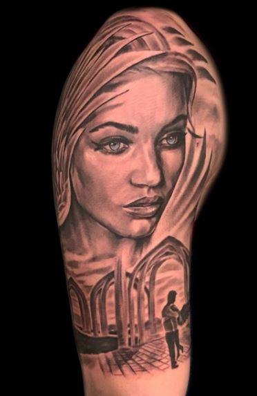 Tattoos - Black and Gray Woman Portrait - 137676
